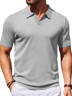 Women's Gray V-Neck Short Sleeve Stretch Knit Polo Shirt Top